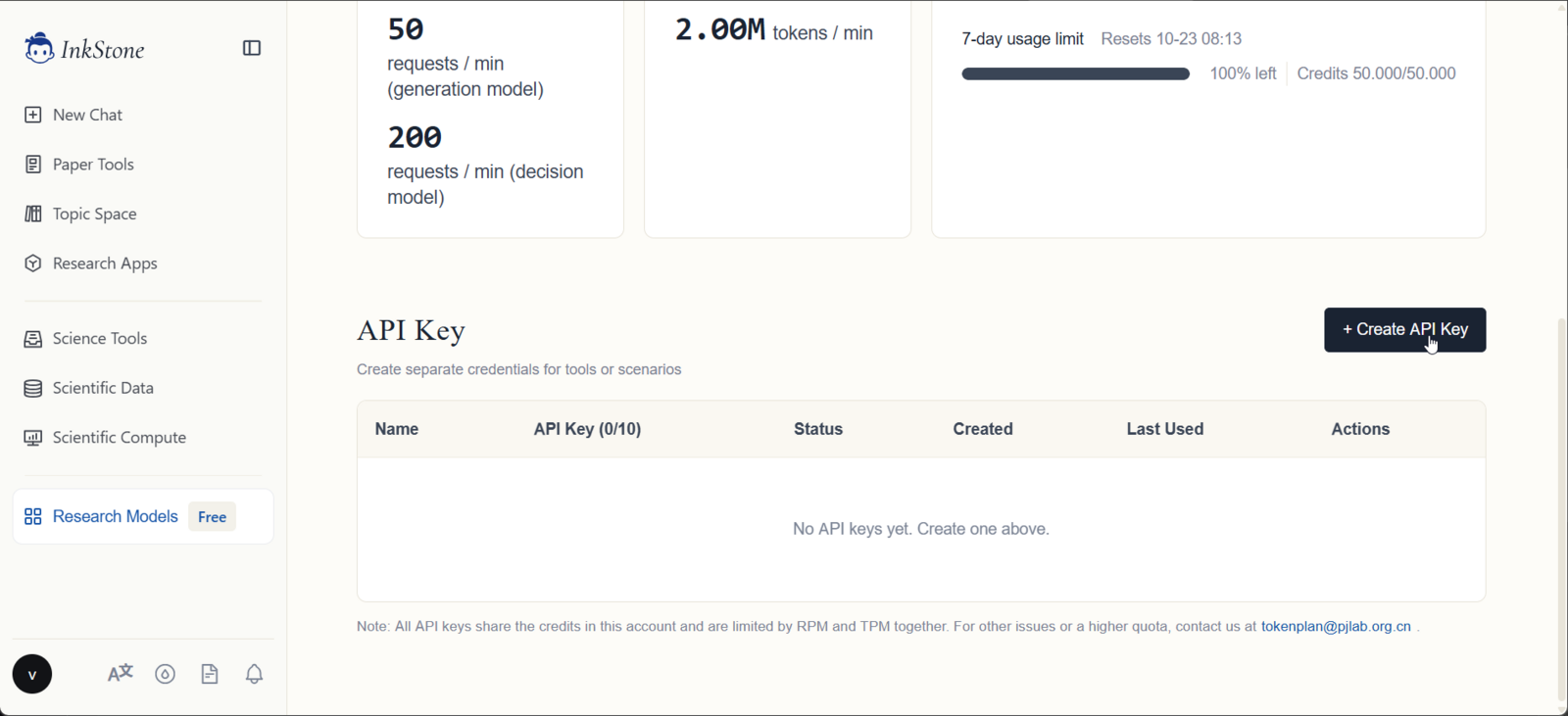 Account limits and API key creation Limits and API key